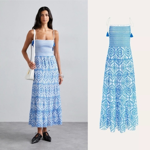 ALICE & OLIVIA Marna Mixed Blue Embroidery Smocked Sundress 12 - Picture 1 of 11